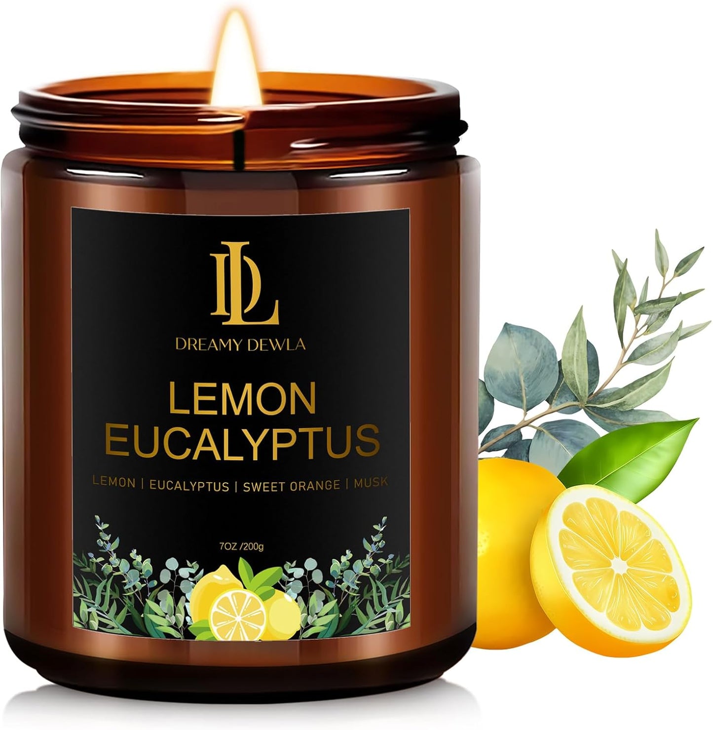 Lemon Eucalyptus Scented Candle, Soy Candles for Home Scented, Masculine Amber Jar Candles Gifts for Men Women, 7oz