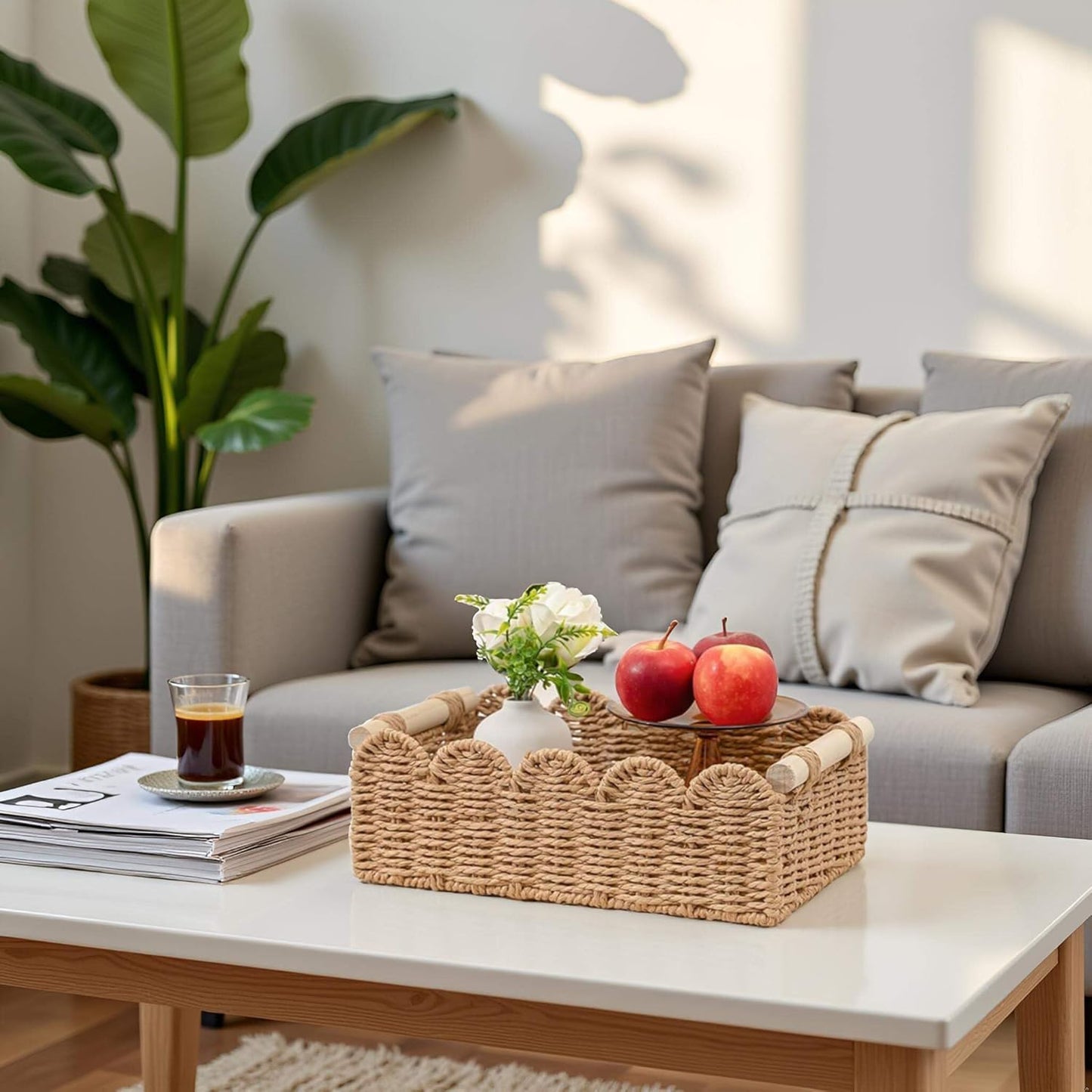 CubesLand Paper Rope Scalloped Edge Toilet Paper Storage Basket, Small Living Room, Bedroom Decor Baskets for Over Toilet Storage Shelf, End Table, Shelves and More, with 2 Wooden Handle, Neutral