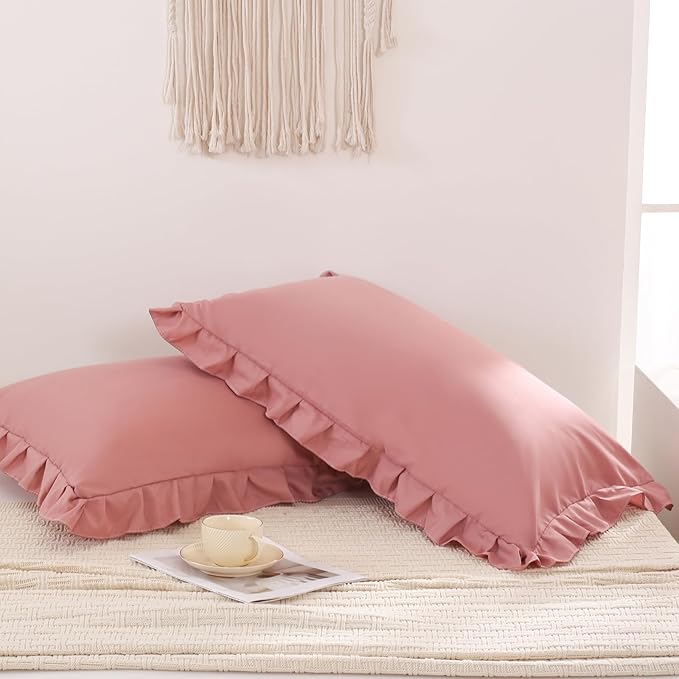 Pink Mocha Pillowcases King Pillowcases Ruffled Pillow Shams Set of 2 Cute Pillowcases Solid Ruffled Fringe Design Pink Shabby Chic Pillowcases 2 Pack (King (20''x36''), Pink Mocha)