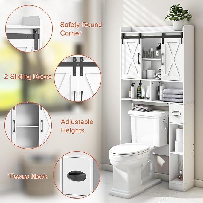 Over The Toilet Storage Cabinet, Farmhouse Storage Cabinet Over Toilet with Sliding Doors，Home Space-Saving Toilet Rack, for Bathroom, Restroom, Laundry