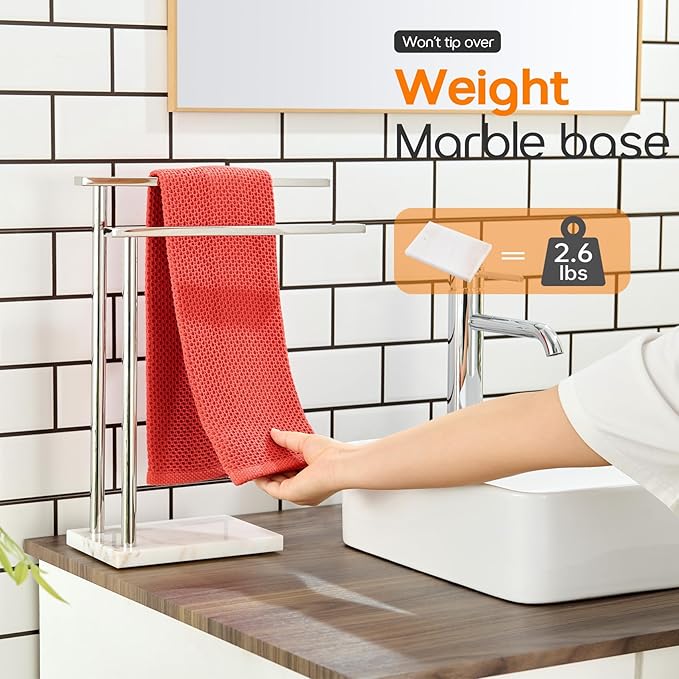 Hand Towel Holder Chrome for Bathrooms Vanity Countertop 2-Tier Towel Rack Free Standing with Thicken Marble Base, Polished Stainless Steel AN7003CH