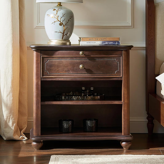 HULALA HOME Wooden Nightstand with Pull-Out Shelf, Mid Century Modern Nightstand with Solid Wood Drawers and Legs, Adjustable Storage, Walnut