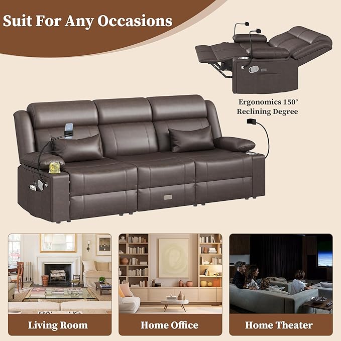 Home Theater Seating，RV Reclining Sofa Set with Adjustable Headrest， Recliner Sofa with Heat and USB&Type-C, Dawer & Cup Holders, 150° Recline for RV & Living Room(3-Seater Brown)