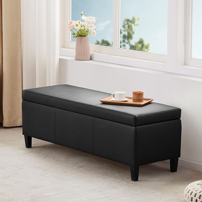 HUIMO Faux Leather Storage Ottoman Bench 50.3 Inch Extra Long PU Upholstered Bedroom Bench with Large Storage Space for The Living Room, Entryway, Bedroom Hold Up to 300lbs (Black)