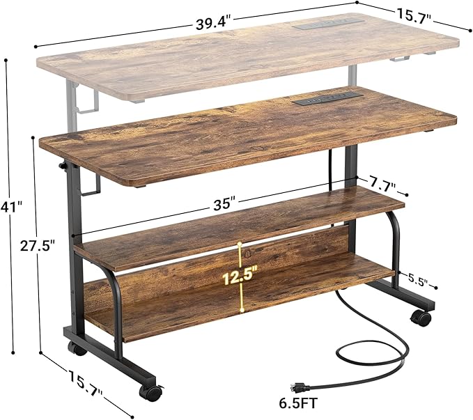 39" Height Adjustable Standing Desk with Power Outlets - Manual Rolling Stand Up Desk with Wheels Small Portable Computer Desk Mobile Laptop Table with Storage Shelves for Home Office, Rustic