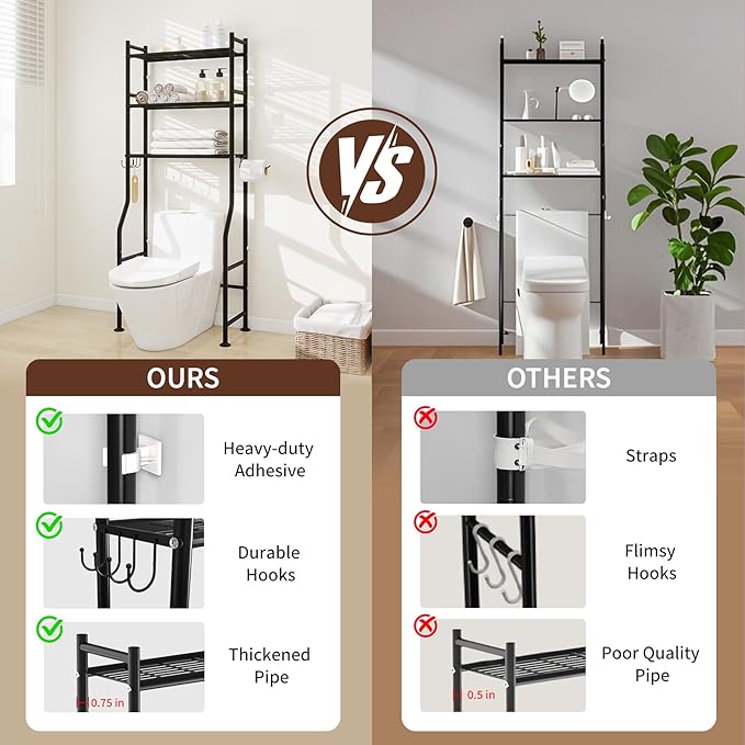 Over The Toilet Storage Rack,3-Tier Over Toilet Bathroom Organizers and Storage with Paper Holder and 4 Hook,Durable and Versatile,Space-Saving Design for Bathrooms/Kitchens/Living Room