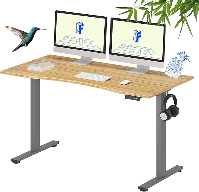FLEXISPOT EN1 Bamboo Standing Desk, 55 x 28 Inches Whole-Piece Electric Adjustable Height Desk (Silver Frame + Bamboo Curved Desktop, 2 Packages)