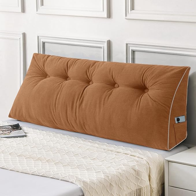 Sasttie Headboard Pillow Full, Wedge Pillow Headboard for Sitting Up in Bed, Back-Rest Support Triangular Cushion for Reading - Features Removable Washable Cover, Caramel