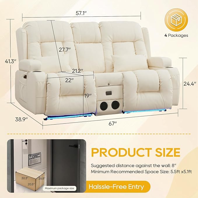 IPKIG 67" Power Reclining Loveseat Sofa, Electric Home Theater Seating with Console/4 Colors Ambient Lighting/Bluetooth Speakers/USB Ports/Built-in Outlets (Off-White, Loveseat Recliner)