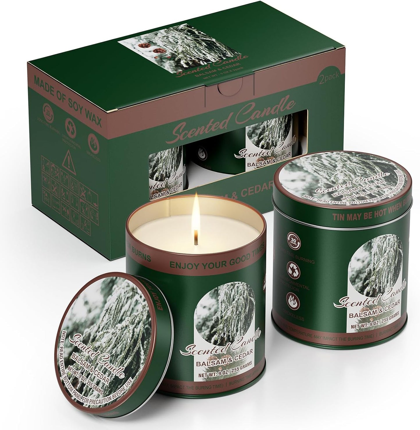 Balsam & Cedar Scented Candle Set | 2 Pack 510g 8% Essential Oils Long-Lasting 60H Burn | Pure Soy Wax Clean-Burning Smoke-Free | Aromatherapy Tin Jar Candles | Colorful Packaging Gift for Men&Women
