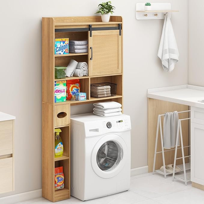 Over The Toilet Storage Cabinet, Farmhouse Rattan Storage Cabinet Over Toilet with Sliding Doors & Toilet Paper Holder Stand, Home Space-Saving Toilet Rack, for Bathroom, Laundry(Rattan Oak).
