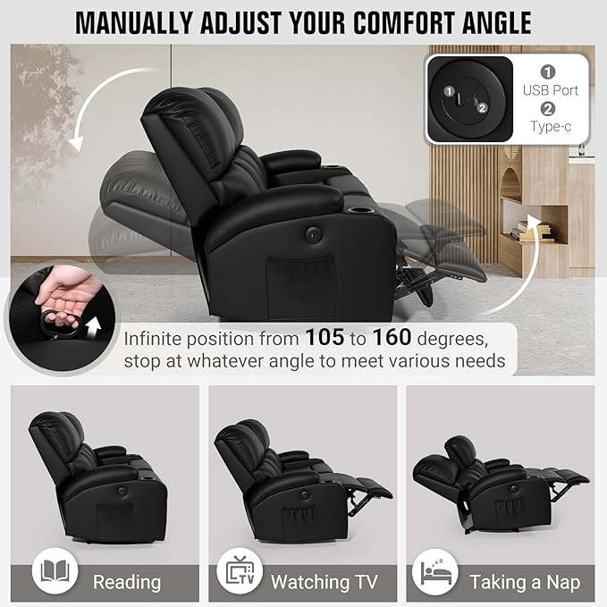 Home Theater Seating,RV Recliner Sofa with Massage and Heat,Manual RV Recliner Loveseat with USB/Cup Holders and Side Pocket for Living Room,2 Seater Black