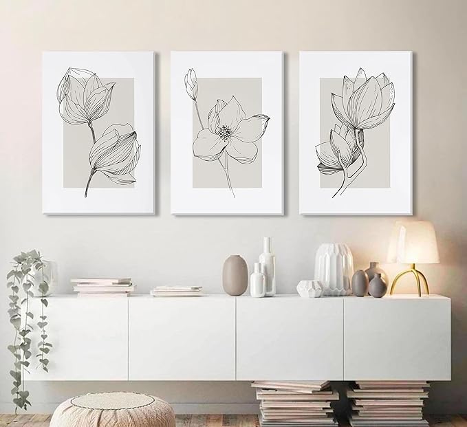 3Pcs Neutral Botanical Canvas Wall Art Beige Simple floral Painting Pictures Wall Decor Vintage Line flower Poster Print Artwork for Living Room Bedroom Bathroom Scene Home Decoration