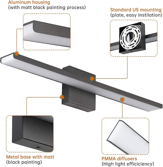 JUSHENG Bathroom Vanity Light Fixtures Aluminum & Stainless Steel Wall Mirror Vanity Light Fixtures for Bathroom & Bedroom Black Dimmable 24W 24" 3000K