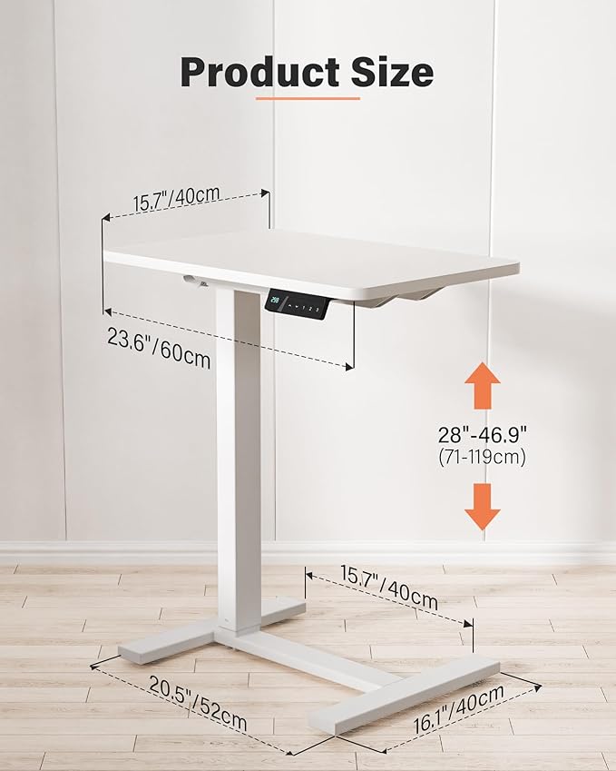 Small Mobile Standing Desk with Wheels, Electric Height Adjustable Portable Rolling Computer Cart, Movable Sit Stand Laptop Table for Sofa, Bedside, Home Office Workstation (27.6", White)