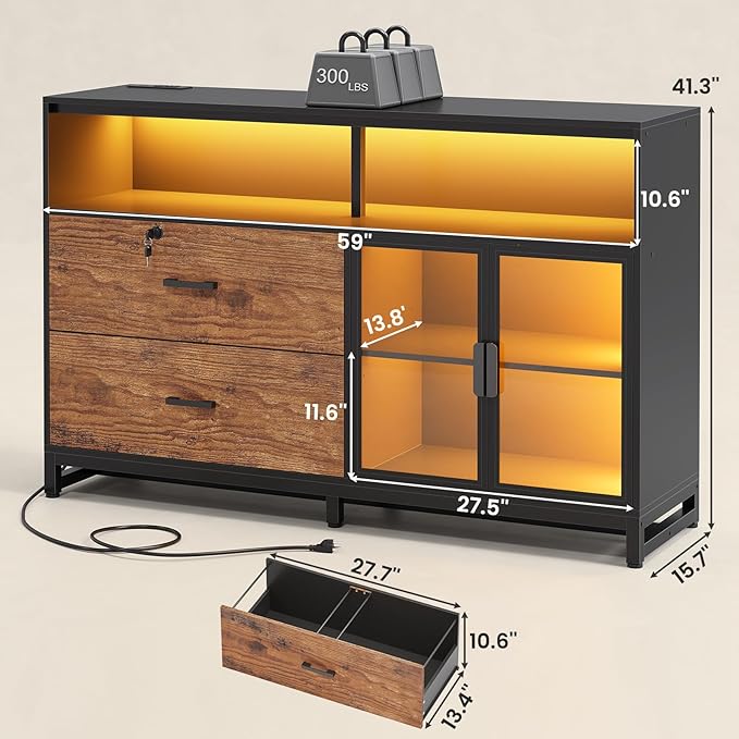 SEDETA 59" File Cabinet, 2 Drawers Filing Cabinets for Home Office fit Legal/Letter/A4 File, File Cabinet with Lock & Power Outlets, Printer Stand with Storage & LED Lights, Rustic Brown