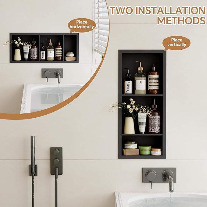 3-Tier Stainless Steel Shower Niche Insert, 29'' * 12'' No Tile Needed Bathroom Niche for Shower Wall, Recessed Wall Cabinet Shelves for Drywall, Living Room, in Wall Shower Shelves, Black
