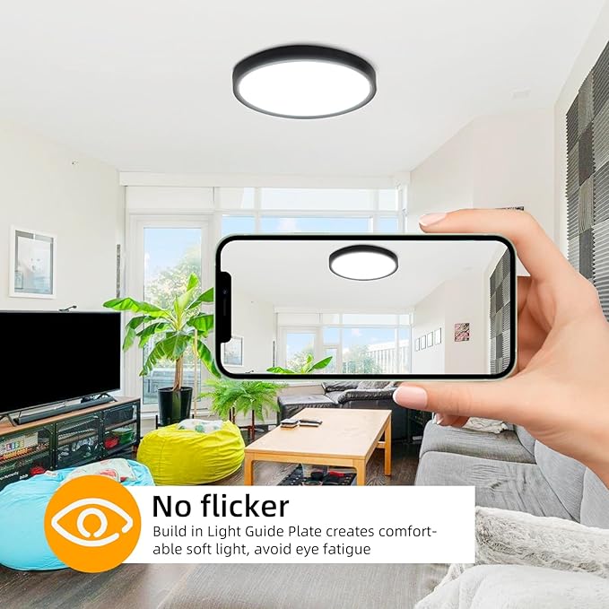 Hlite 4pack 12 inch Flush Mount LED Ceiling Light Fixture,24W 2400LM Super Slim Light Fixtures Ceiling Mount 3000K/4000K/5000K 3CCT Selectable,Ceiling Light Fixtures for Kitchen,Bedroom (Black)