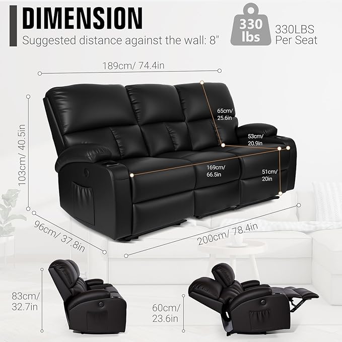 Home Theater Seating,RV Recliner Sofa with Massage and Heat,Manual RV Recliner Loveseat with USB/Cup Holders and Side Pocket for Living Room,3 Seater Black