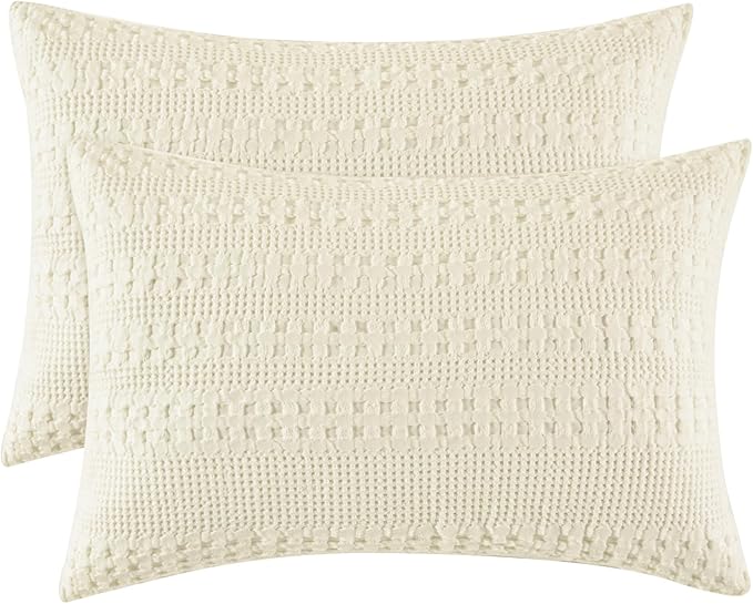 PHF Waffle Weave Pillow Shams King Size, 2 Pack 100% Cotton Pillowcases 20" x 36", No Insert, Soft & Breathable Aesthetic Woven Pillow Case Covers for Bedroom Decor, Canmoli Cream
