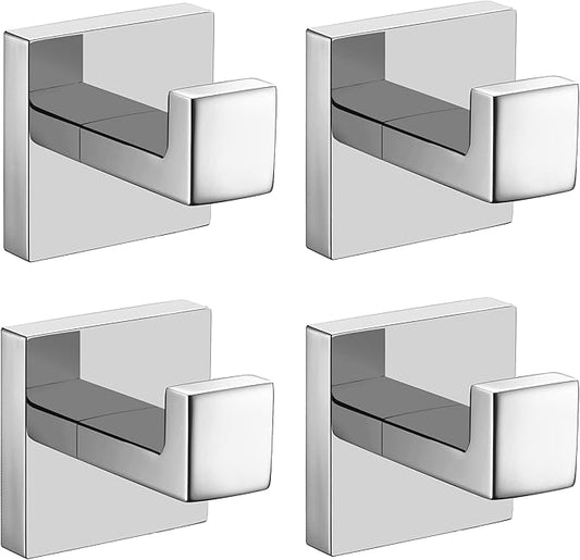 Nolimas Bath Towel Hook SUS 304 Stainless Steel Square Clothes Towel Coat Robe Hook Cabinet Closet Door Sponges Hanger for Bath Kitchen Garage Heavy Duty Wall Mounted, Chrome Polished Finish,4Pack