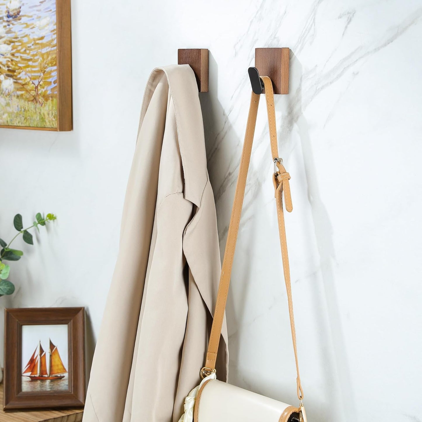 DELITON Adhesive Towel Hooks,Wall Hooks for bathrooms Without Drilling, Wood Wall Hooks for Hanging Robe, Towel, Bag Stick on Farmhouse Bathroom Bedroom Entryway 4 Packs Burned Brown