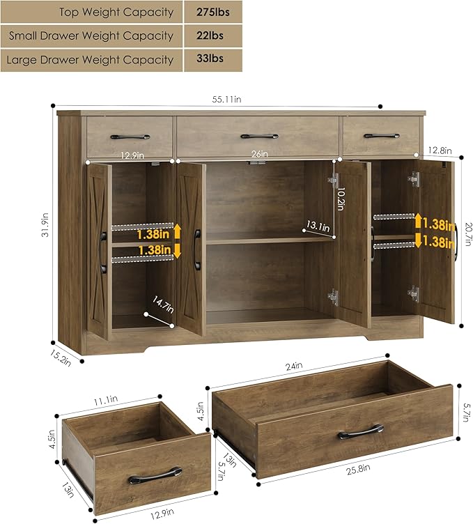 HOSTACK Buffet Sideboard Cabinet with Drawers, 55" Large Buffet Storage Cabinet with Shelves and Doors, Modern Farmhouse Coffee Bar Station Wood Kitchen Table for Kitchen, Dining Room, Rustic Brown