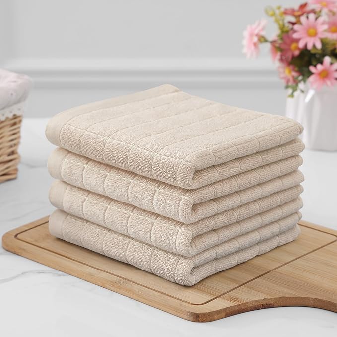 Homaxy 100% Cotton Terry Kitchen Towels(Beige, 13 x 28 inches), Checkered Designed, Soft and Super Absorbent Dish Towels, 6 Pack