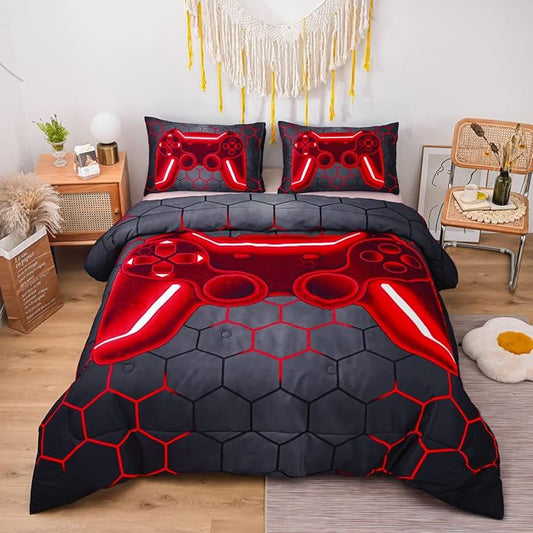 NTBED Game Console Comforter Set for Boys Girls Kids 3D Gaming Geometric Lightweight Microfiber Bedding Sets (Red, King)