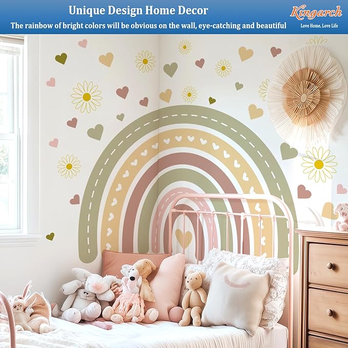 Large Boho Rainbow Wall Decals, Hearts Flowers Peel and Stick Fabric Nursery Wall Decor, Removable Home Room Wall Decor Murals Stickers for Kids Girls Toddler Bedroom Living Room Playroom