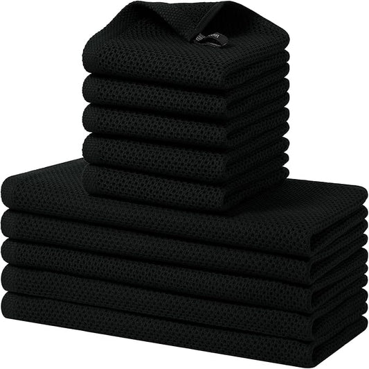 Homaxy 100% Cotton Kitchen Towels and Dishcloths Set, 12 x 12 Inches and 13 x 28 Inches, Set of 10 Bulk Kitchen Towels Set, Ultra Soft Absorbent Dish Cloths for Washing Dishes, Black