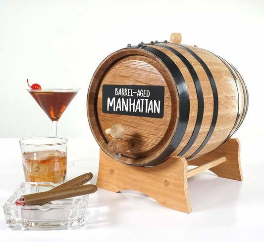 1 Gallon Oak Aging Barrel Dispenser (5 Liter) with Chalkboard Front, Wood Stand, Bung & Spigot - Charred Mini Bourbon Whiskey Barrels For The Home Brewer, Distiller, Wine Maker, Cocktail Aging