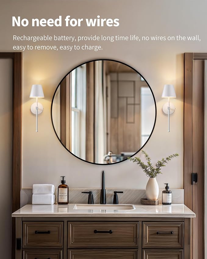 KDG Wireless Wall Sconces Set of 2, Small Cordless 5200mAh Rechargeable Battery LED Wall Lamps, Stepless Dimming Lightings for Wall Painting, Living Room, Bedroom, Hallway, Gifts, Night Light (White)