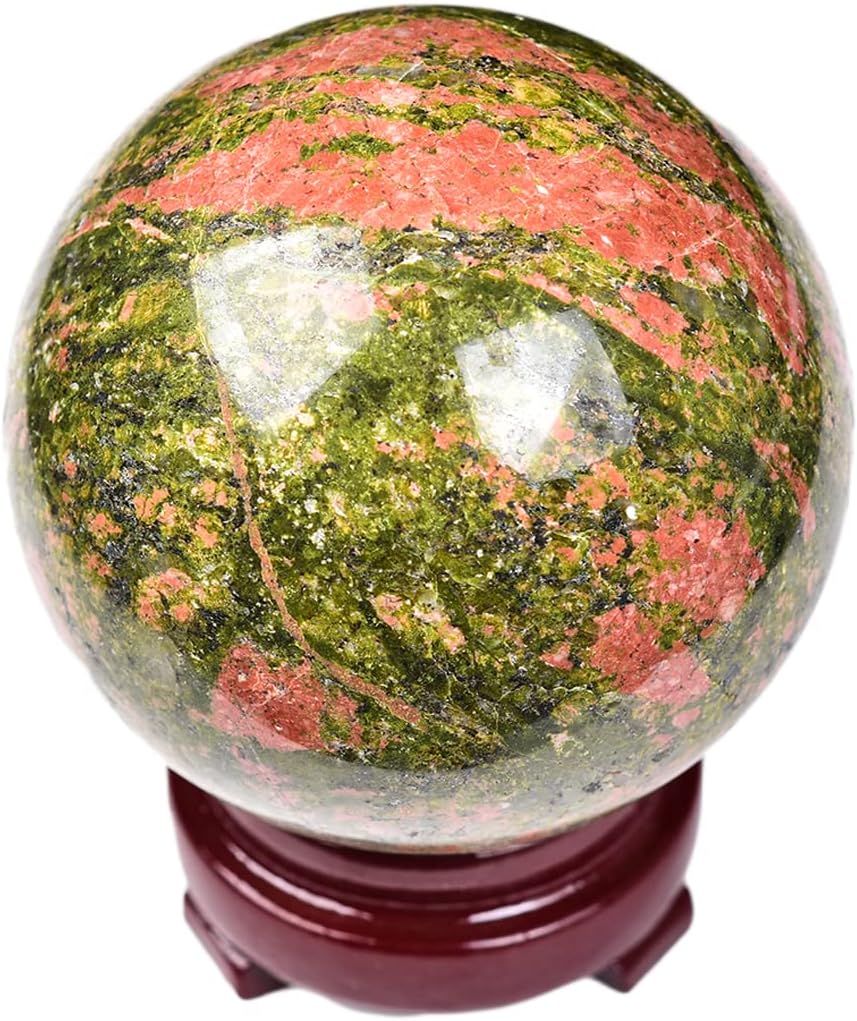 JIC Gem Small Crystal Sphere Ball Natural Unakite Stone Healing Crystal Ball with Decoation Stand for Fengshui Meditation Decoation (60-70mm)