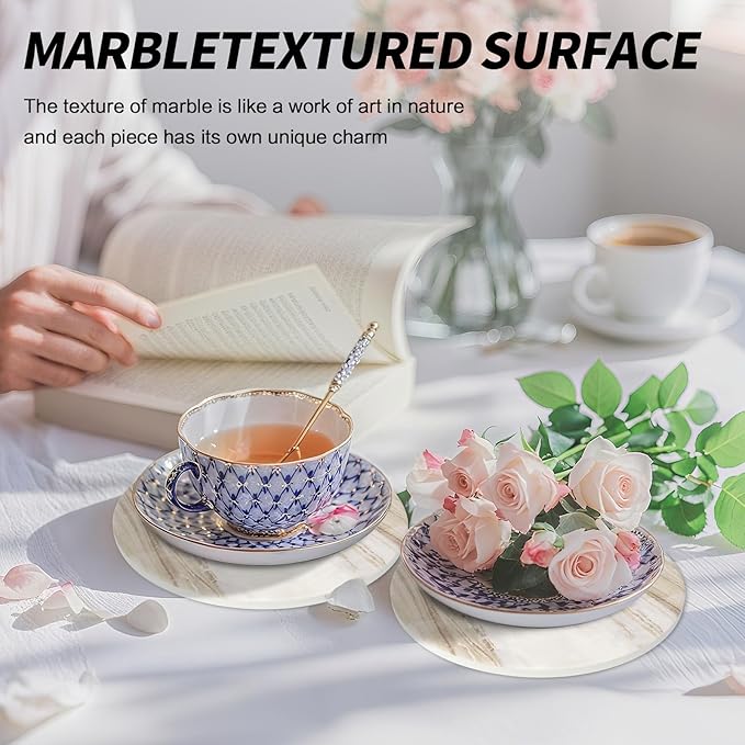 8 Inch Trivets for Hot Dishes, Pots and Pans, Marble Style Ceramic Trivet with Holder, Heat Resistant Hot Plate Mats for Countertops, Table, Home Essentials, Farmhouse Decor, Set of 3