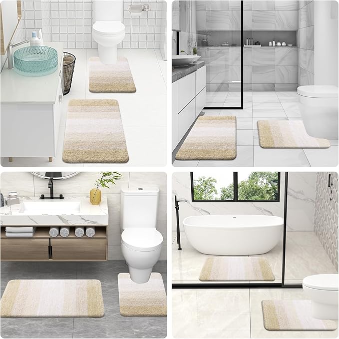 OLANLY Bathroom Rug Set 2 Piece, Soft Absorbent Microfiber Bath Mats and U-Shaped Contour Toilet Rug, Non-Slip, Machine Wash Dry, Plush Shaggy Bath Mats for Bathroom (24"x16"+24"x20", Light Beige)