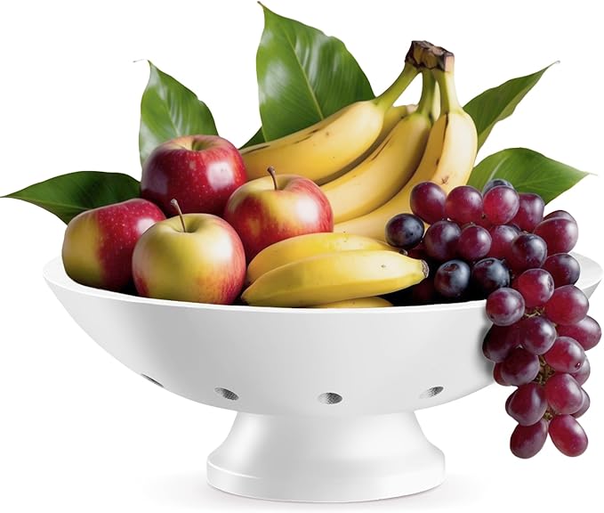 Bambüsi White Fruit Bowl - 11" Large Wooden Pedestal Bowl for Kitchen Counter & Dining Table Centerpiece, Premium Modern Bamboo Fruit Basket & Banana Holder for Fresh Produce, Bread & Home Decor