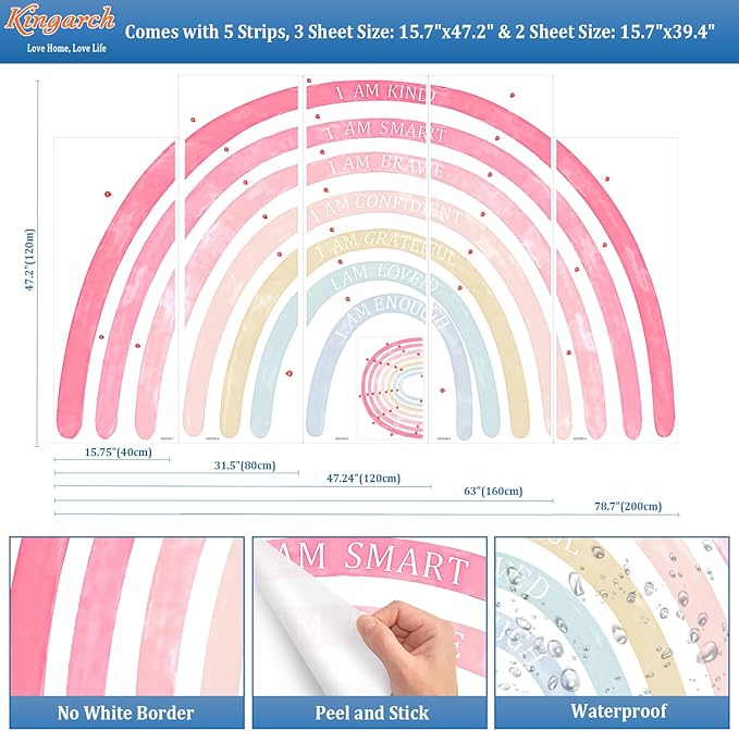 Large Colorful Rainbow Wall Decals, Insparational Peel and Stick Fabric Nursery Wall Decor, Removable Home Room Wall Decor Murals Stickers for Kids Girls Toddler Bedroom Living Room Playroom