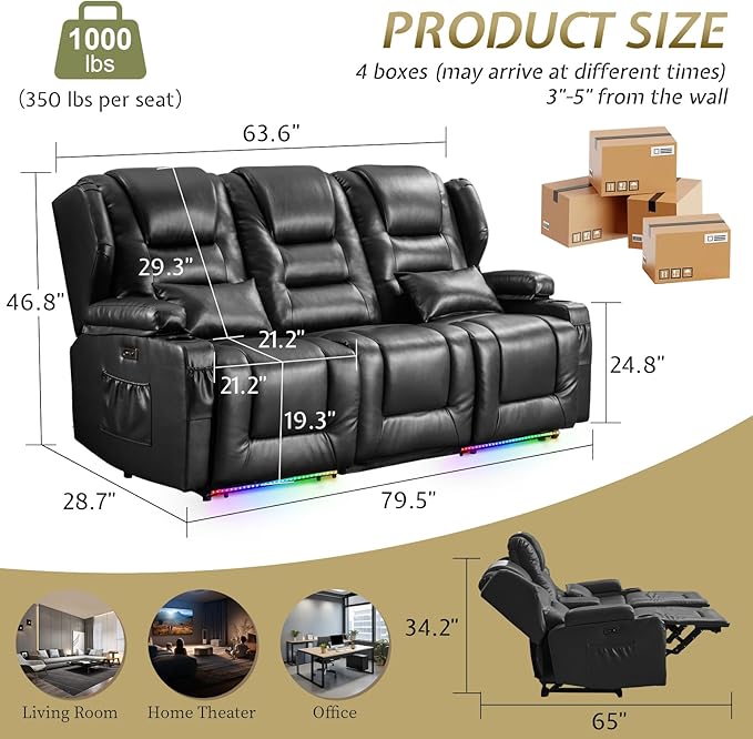 SAMERY Power Loveseat Recliner Sofa with Adjustable Split Back, Multi-Port Charger, Flip-Up Backrest & LED Lighting - Home Theater Seating with Storage, Cup Holders, Black Faux Leather Loveseat