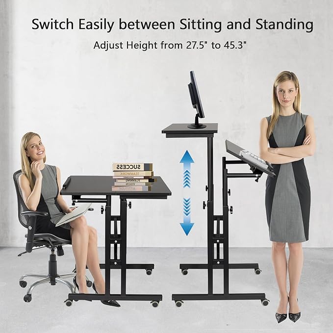 Hadulcet Mobile Standing Desk with Charging Station, Adjustable Standing Computer Desk, Standing Adjustable Laptop Cart with Wheels for Home Office Classroom Black