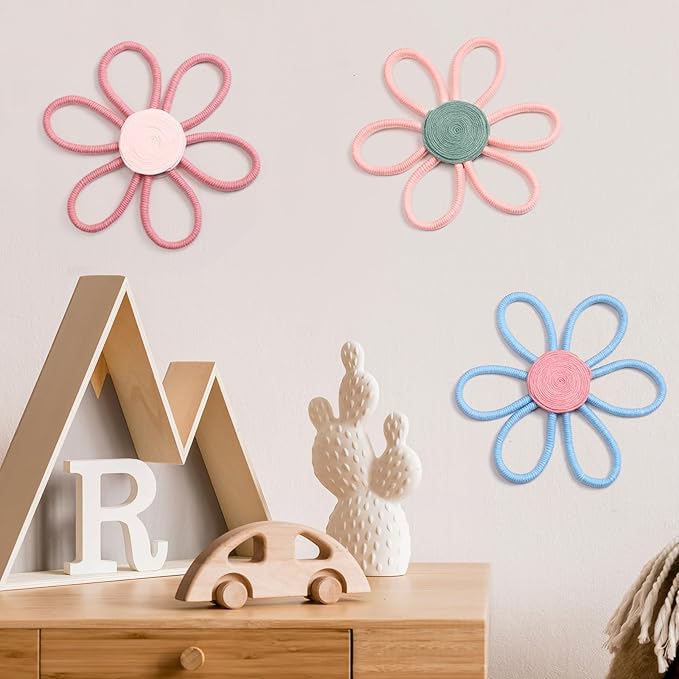 Peryiter 3 Set 10 Inch Boho Nursery Decor Woven Daisy Flower Macrame Wall Hanging for Baby Girls Nursery Home Bedroom Dorm Decor (Stylish Color)