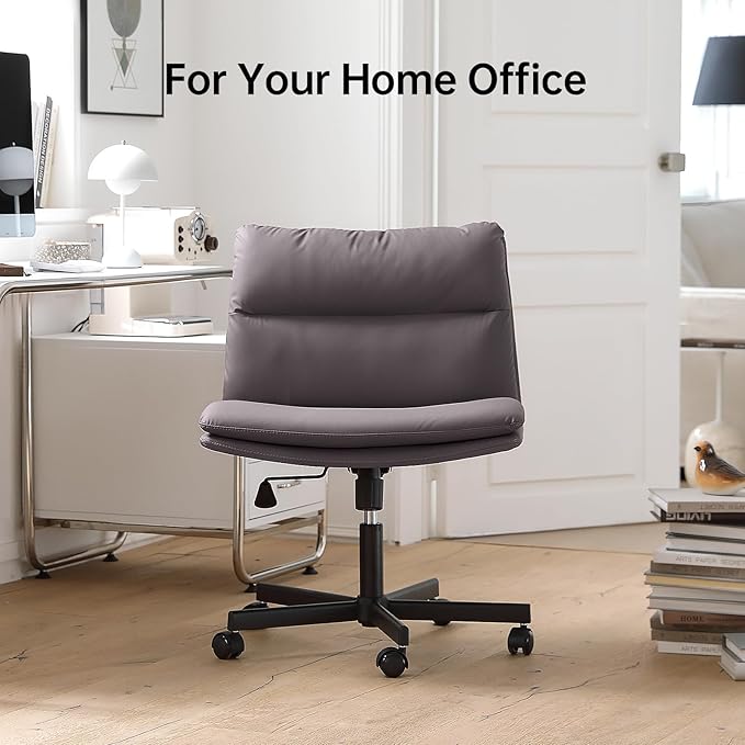 EMIAH Armless Office Desk Chairs with Wheels Criss Cross Chair PU-Leather Mid-Back Ergonomic Home Office Computer Comfortable Thickened Cushion Adjustable Swivel Chair-Chocolate Brown