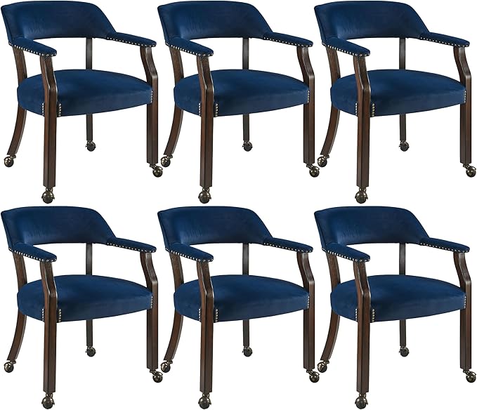 Dinning Chairs with Wheels and Arms Set of 6, Solid Wood Office Desk Chairs with Frosted Velvet Upholstered, Classic Swivel Accent Chairs, 31.5" H Boss Caption's Chair, Ocean Blue XXY-HT22-OB