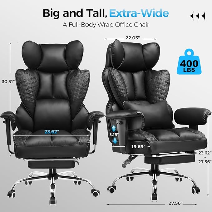 COMHOMA Big and Tall Office Chair 400LBS Wide Ergonomic Gaming Chair with Deluxe Embossing Leather with Foot Rest 150°Reclining Adjustable Armrests Pocket Spring Back Support and Without Pillow