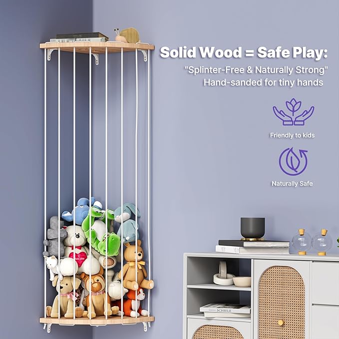 Stuffed Animal Storage & Toy Storage Organizer – Wooden Corner Hammock Shelf for Stuffed Animal Hammock Corner, Nursery, Playroom, Bedroom. Versatile Toy Organizer with Zoo Pattern