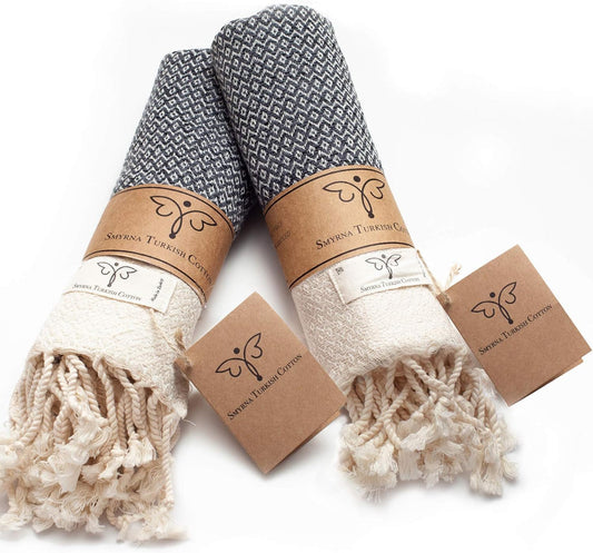 SMYRNA TURKISH COTTON Vintage Series Turkish Hand Towels, 16x40 inch, Decorative Turkish Hand Towels for Bathroom, Kitchen, Face, Hair, Tea, Yoga, Gym, Dishcloth Set of 2, Dark Gray