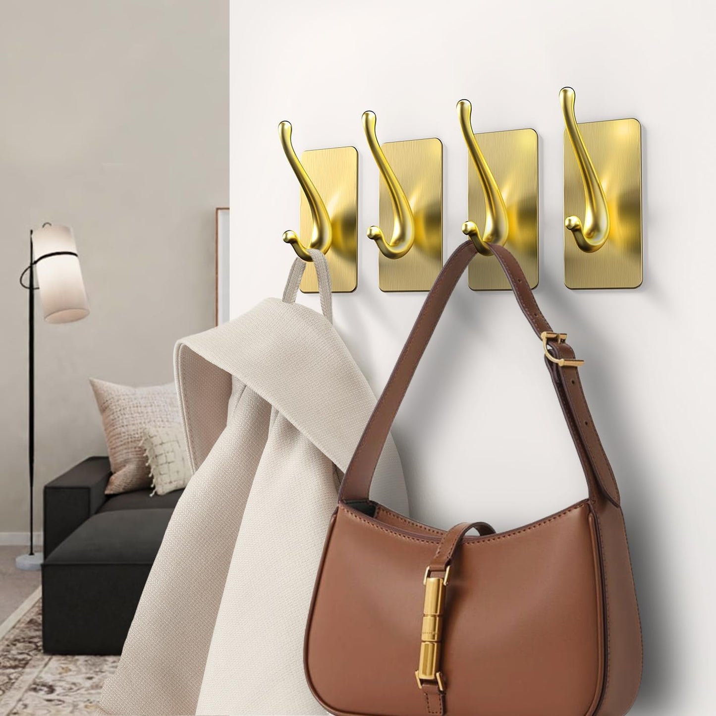 Towel Hooks, Solid Alloy Adhesive Wall Hooks for Hanging, Towel Hooks for Bathroom, RV, Kitchen, Closets, etc (Bright Gold, 2 Pack)