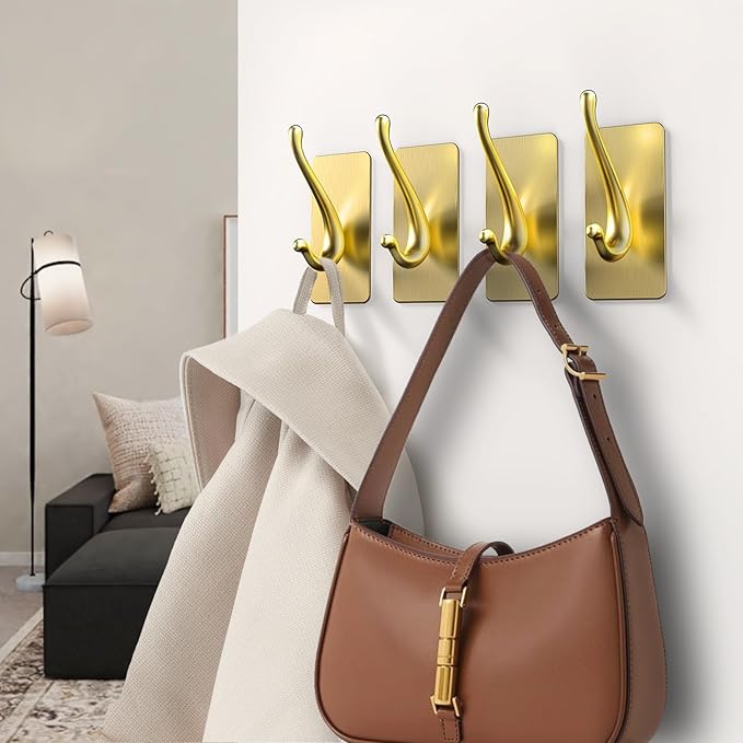 Towel Hooks, Solid Alloy Adhesive Wall Hooks for Hanging, Towel Hooks for Bathroom, RV, Kitchen, Closets, etc (Bright Gold, 2 Pack)