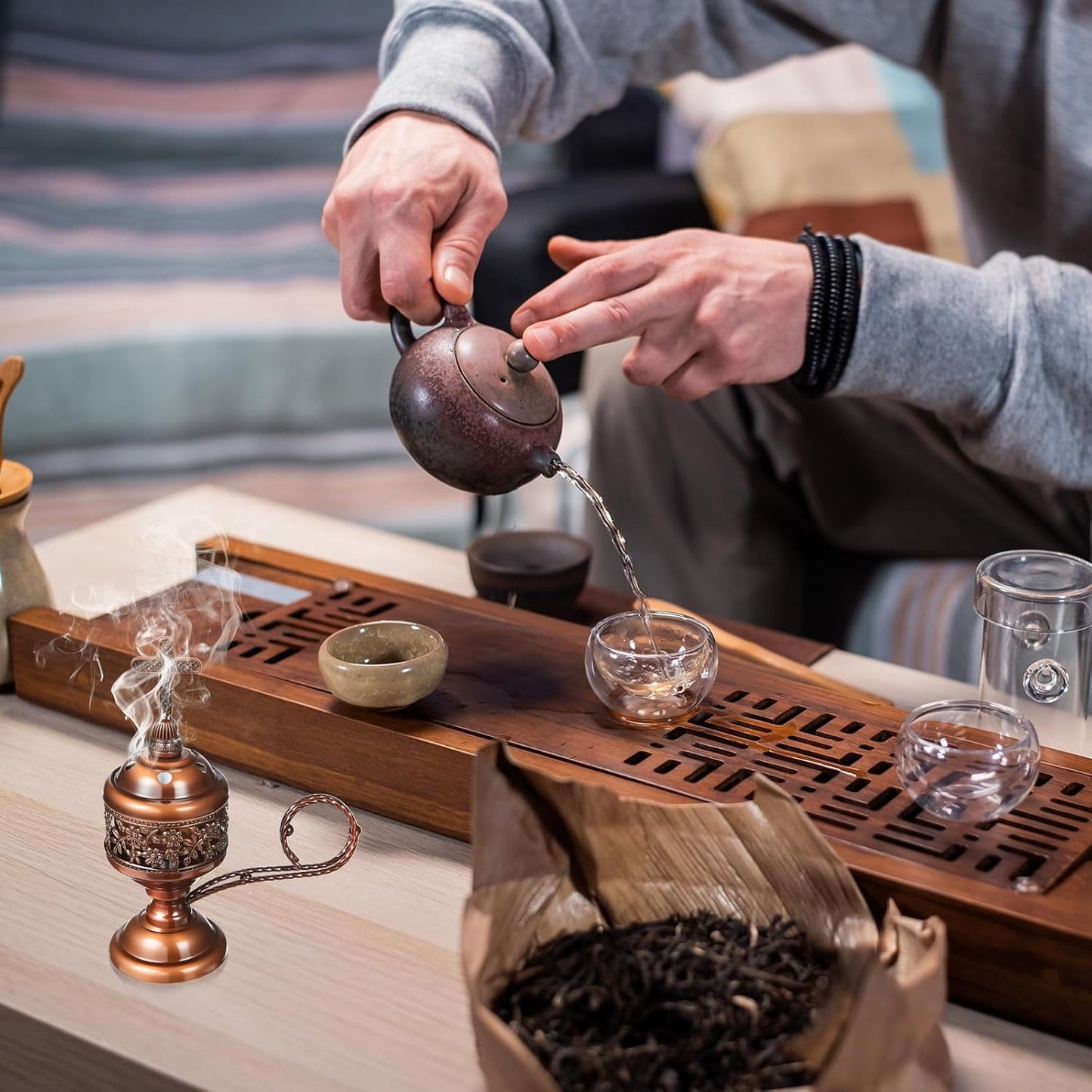 Zonon 2 Sets Incense Burner with Tong, Frankincense Charcoal Incense Stand Holder, Ideal for Yoga, Spa, Aromatherapy, Home and Christian Church Censer(Red Copper)