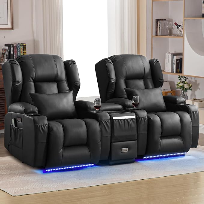 Wall Hugger Power Recliner Chair, Home Theater Seating Electric Recliing Sofa with Massage & Heat, Cup Holder, USB Port, LED Ambient Light, Storage for Living Room (Black, 2 Chairs + Console)